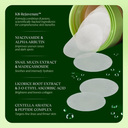 🔥🔥🔥Limited-Time Offer: 15% Off：Korean Skincare Anti-Aging, Dark Spot & Wrinkle Minimizing Toner Pads with Snail Mucin, Centella Asiatica, Niacinamide, Peptide Complex - 100 ct.