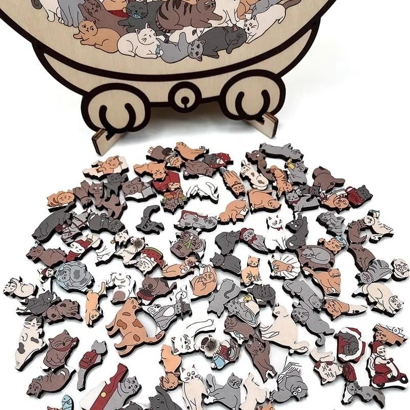 🎁🎅135-Piece Morandi-Colored Cat Shaped Wooden Jigsaw Puzzle
